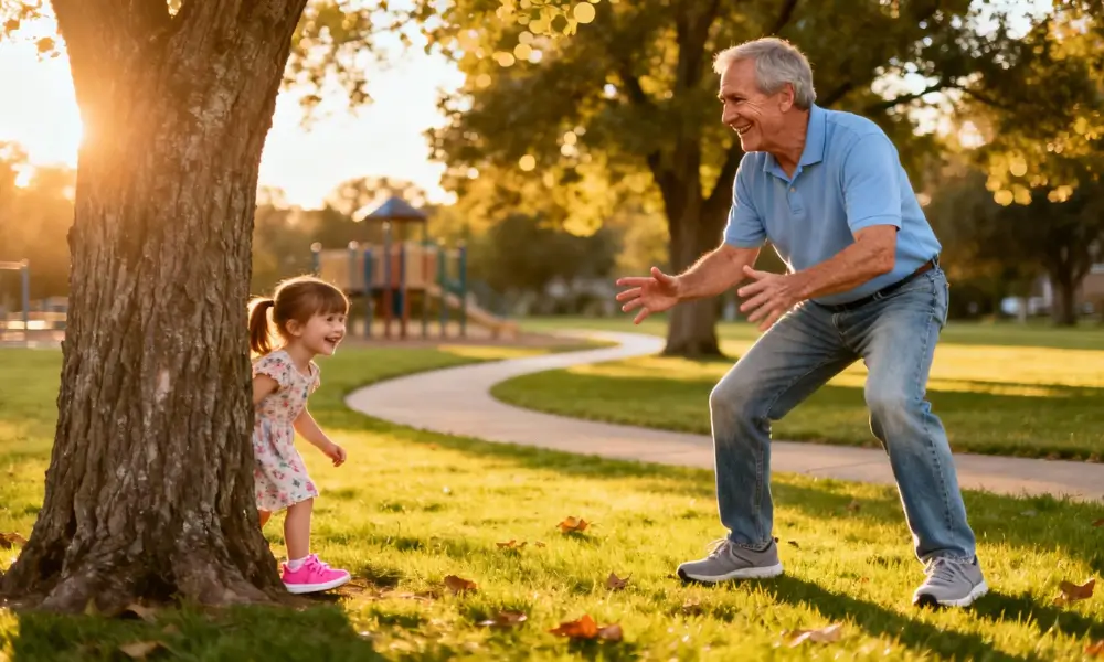 68-year-old grandfather actively playing with 4-year-old granddaughter in park - joint mobility recovered